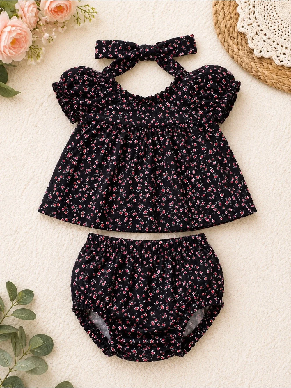 GAP Black Floral Two-Piece Diaper Cover Set with Headband
